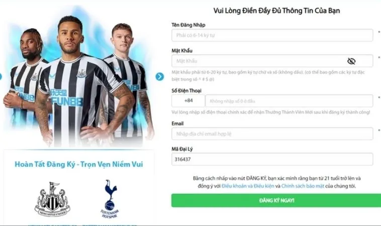 Giao diện đăng ký FUN88